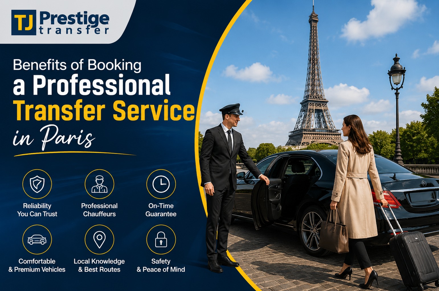 Luxury airport transfer service in Paris by TJ Prestige, featuring a private chauffeur, black sedan and Eiffel Tower