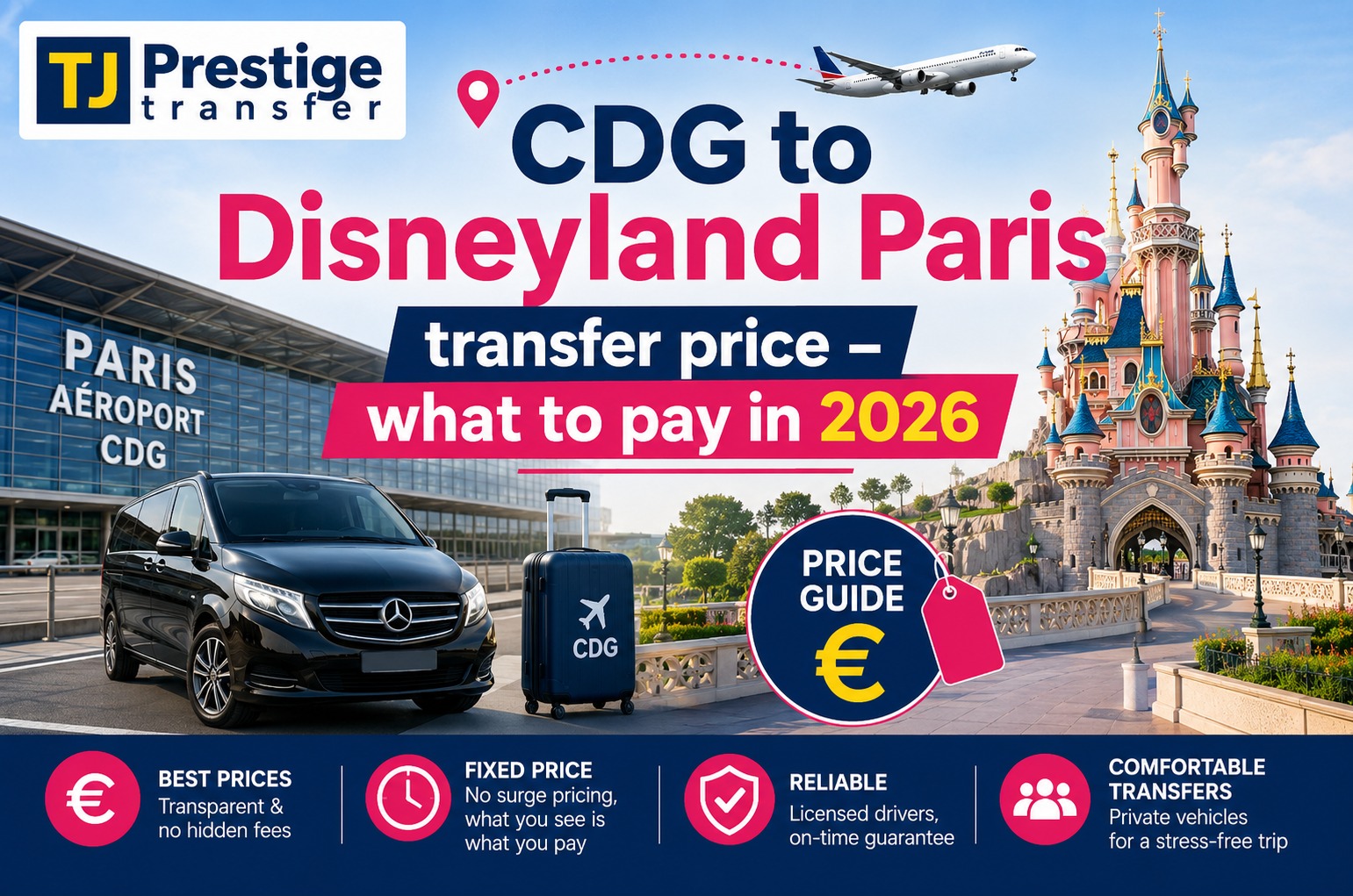 TJ Prestige van driver assisting family with luggage at Charles de Gaulle Airport with Disneyland Paris in background