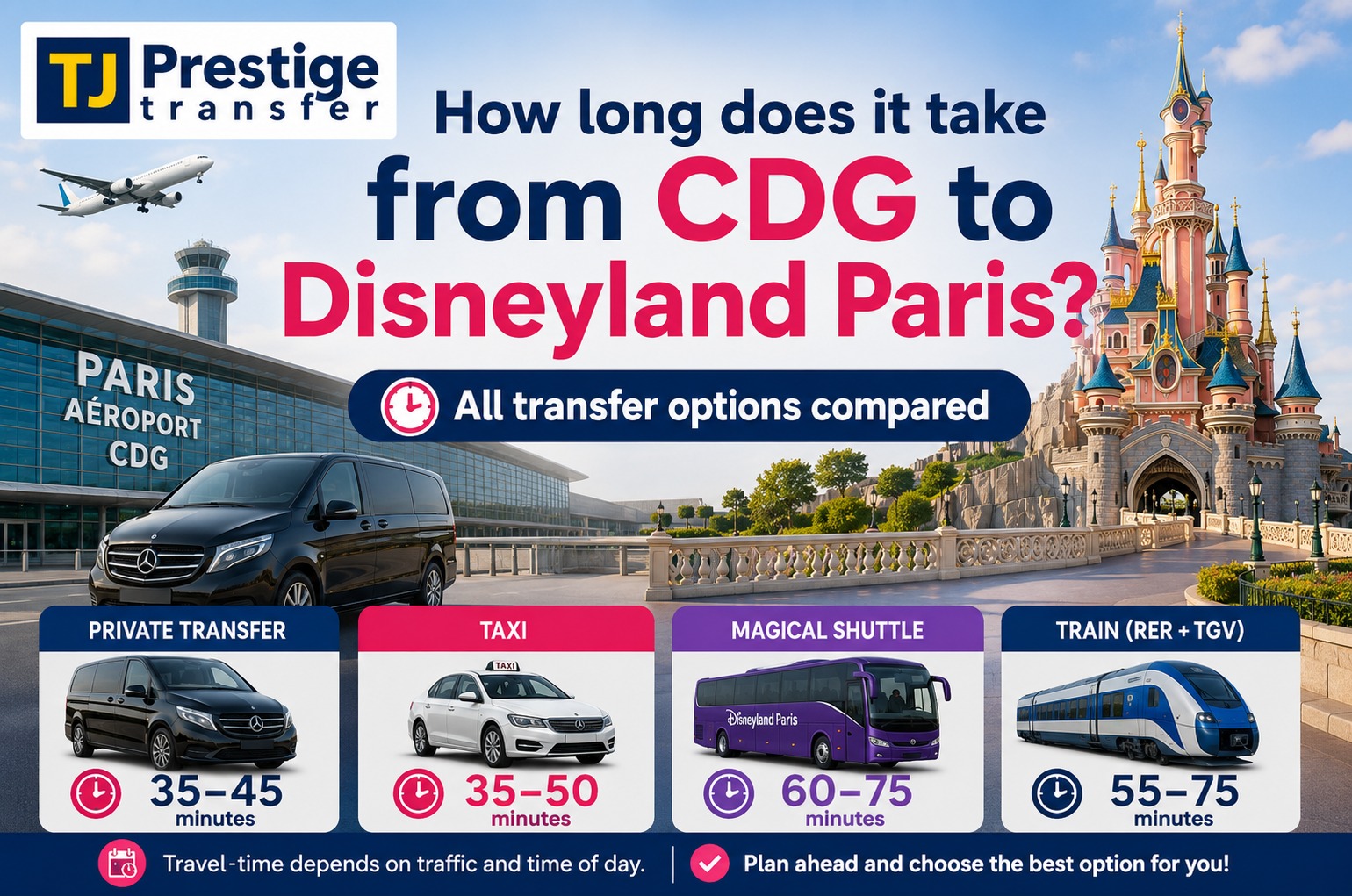 Family being greeted by TJ Prestige driver at Charles de Gaulle Airport for transfer to Disneyland Paris