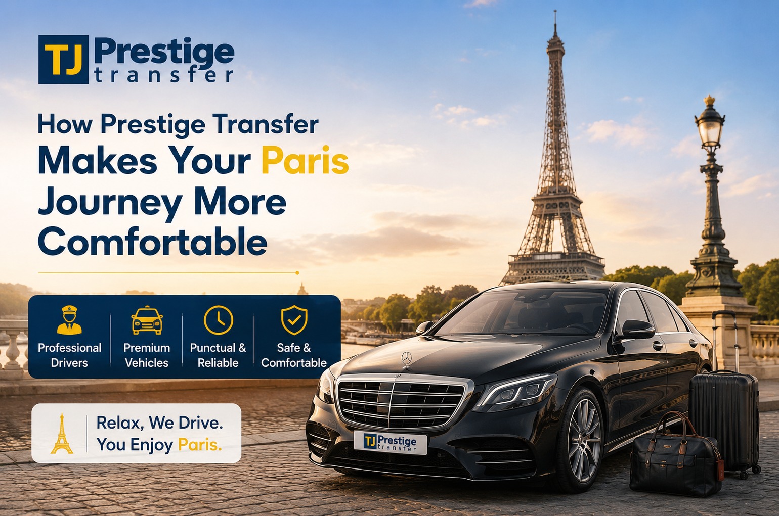 TJ Prestige chauffeur greeting passengers at the Paris airport terminal next to a luxury Mercedes transfer van