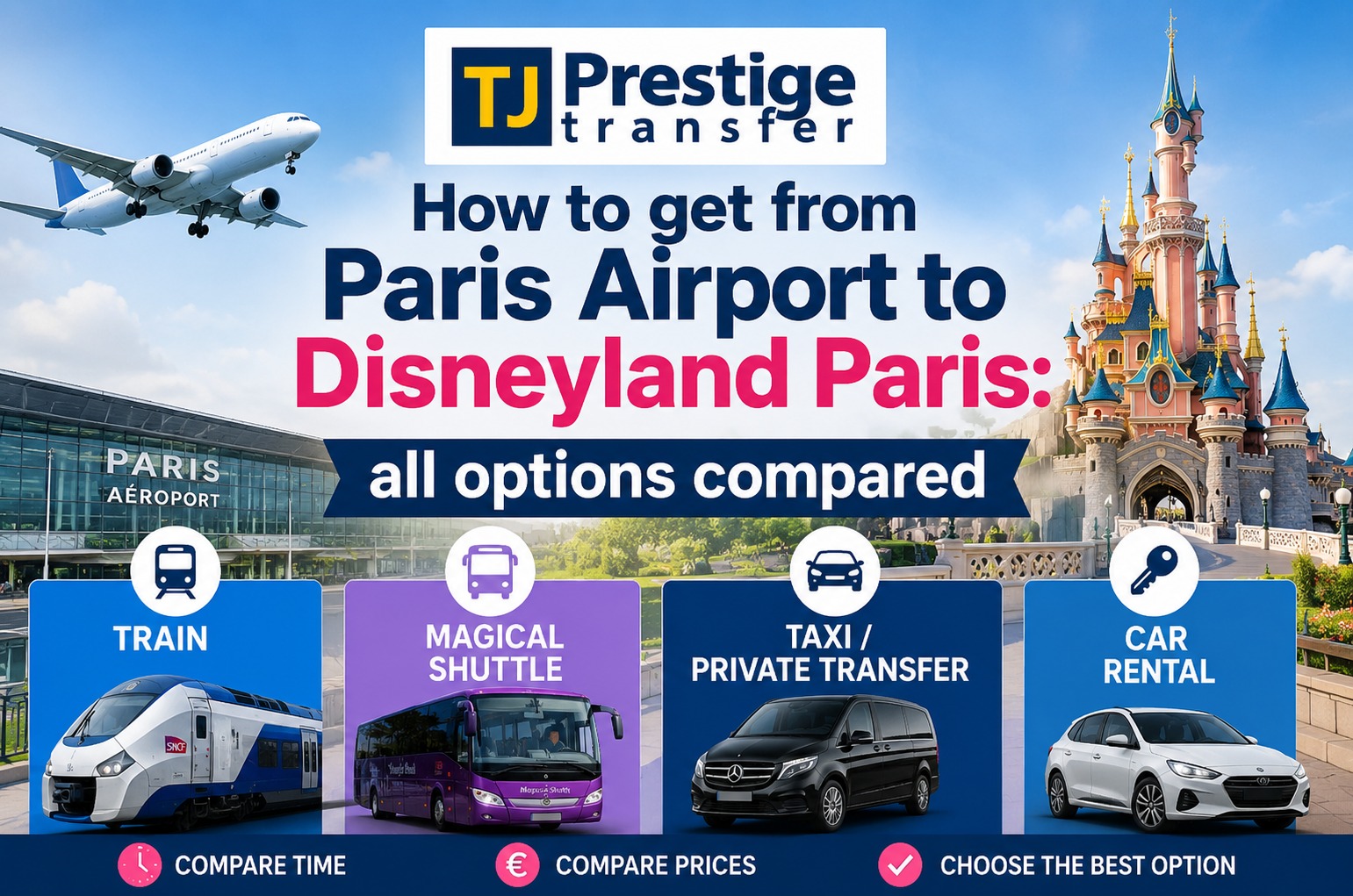 TJ Prestige van driver assisting family with luggage at Charles de Gaulle Airport with Disneyland Paris in background