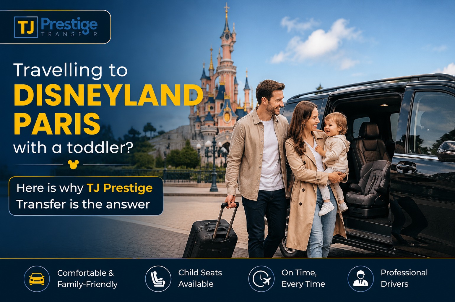 Family being greeted by TJ Prestige driver at Charles de Gaulle Airport for transfer to Disneyland Paris