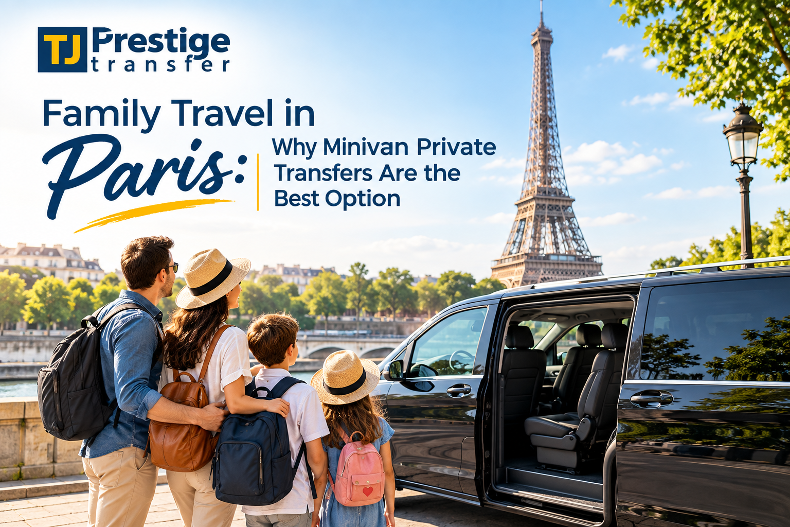 Family with children and luggage boarding a private minivan transfer in Paris